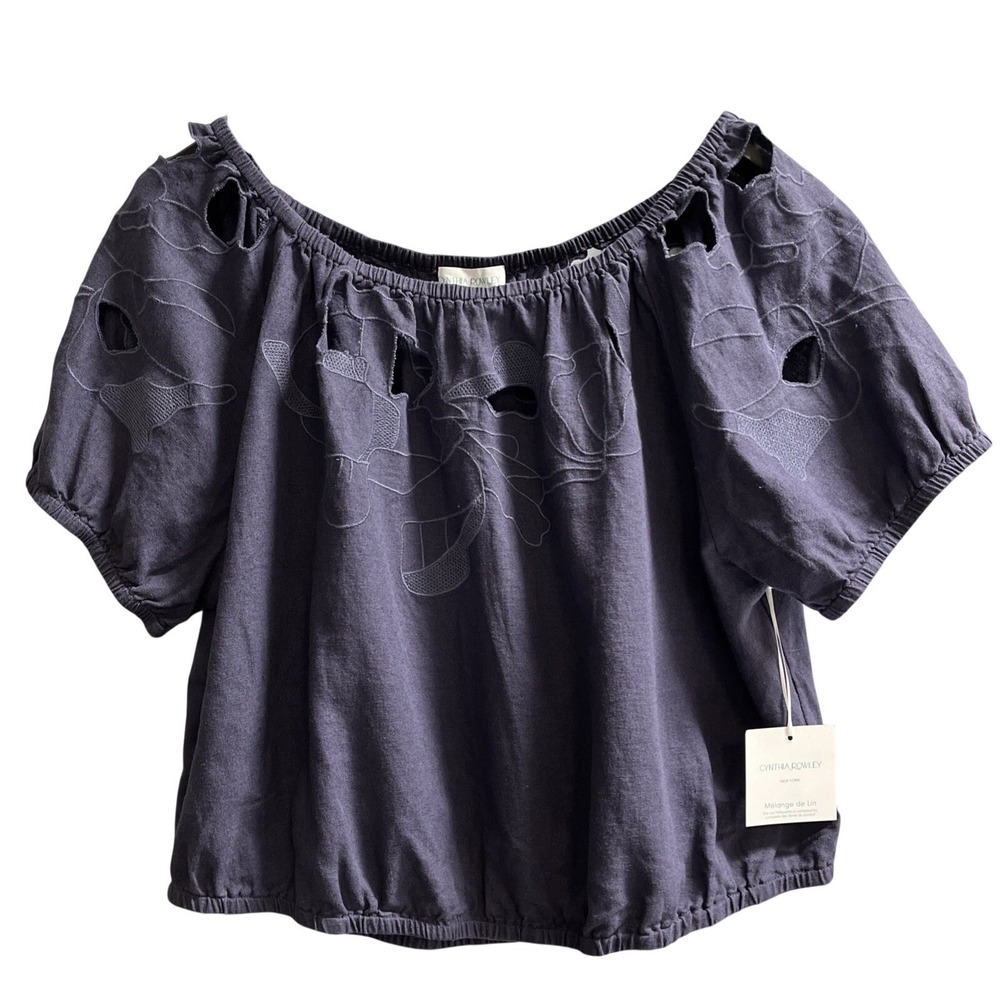 Cynthia Rowley Top Blue Linen Blend Floral Cut Out Size XL Cropped Beach Resort